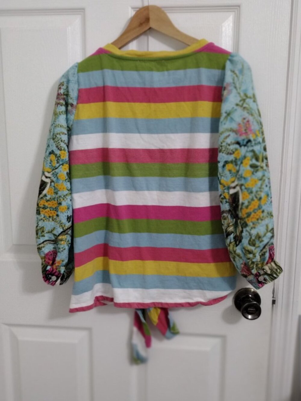 Sharon Young Colorful Stripe Floral Sleeve Tie Front Top Women’s L/XL Boho - Picture 7 of 8